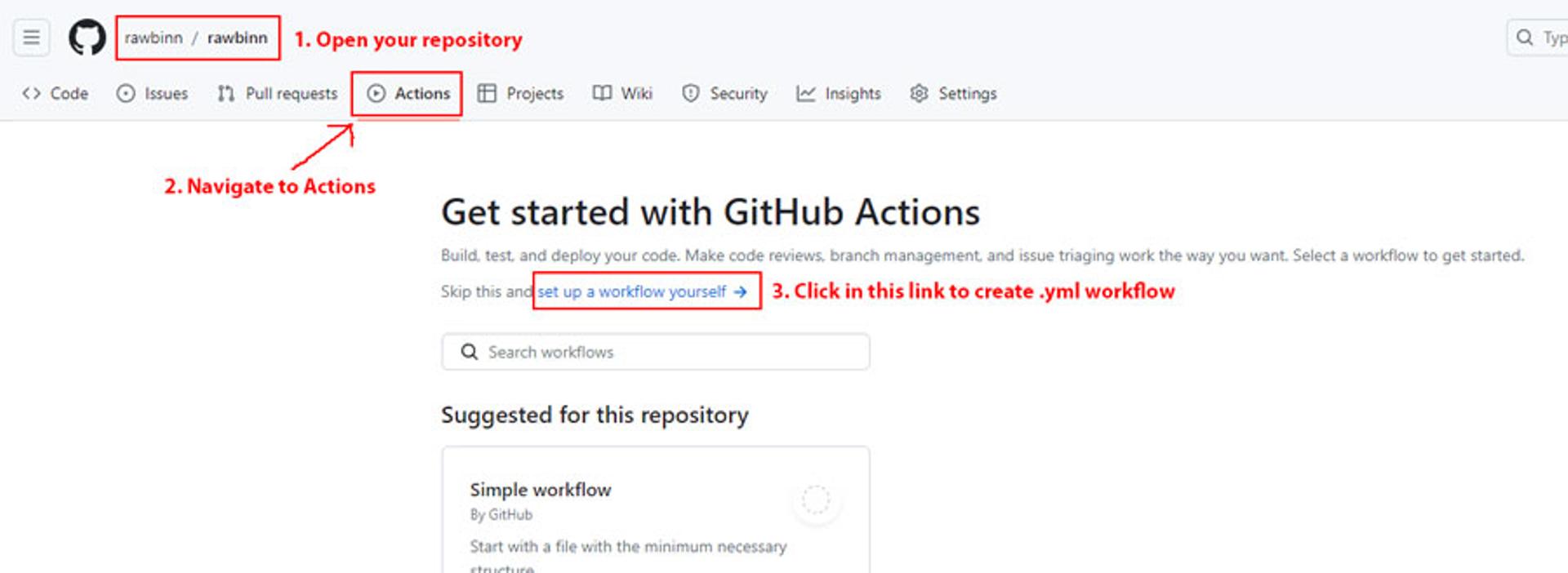 Navigate to actions and click create workflow